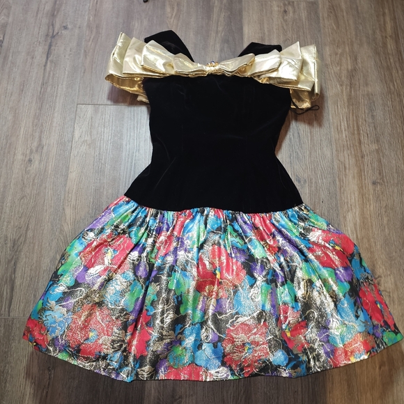 Vintage Morton Myles Saks Velvet Gold Bow Metallic Floral Cocktail Dress Sz S - Picture 9 of 15